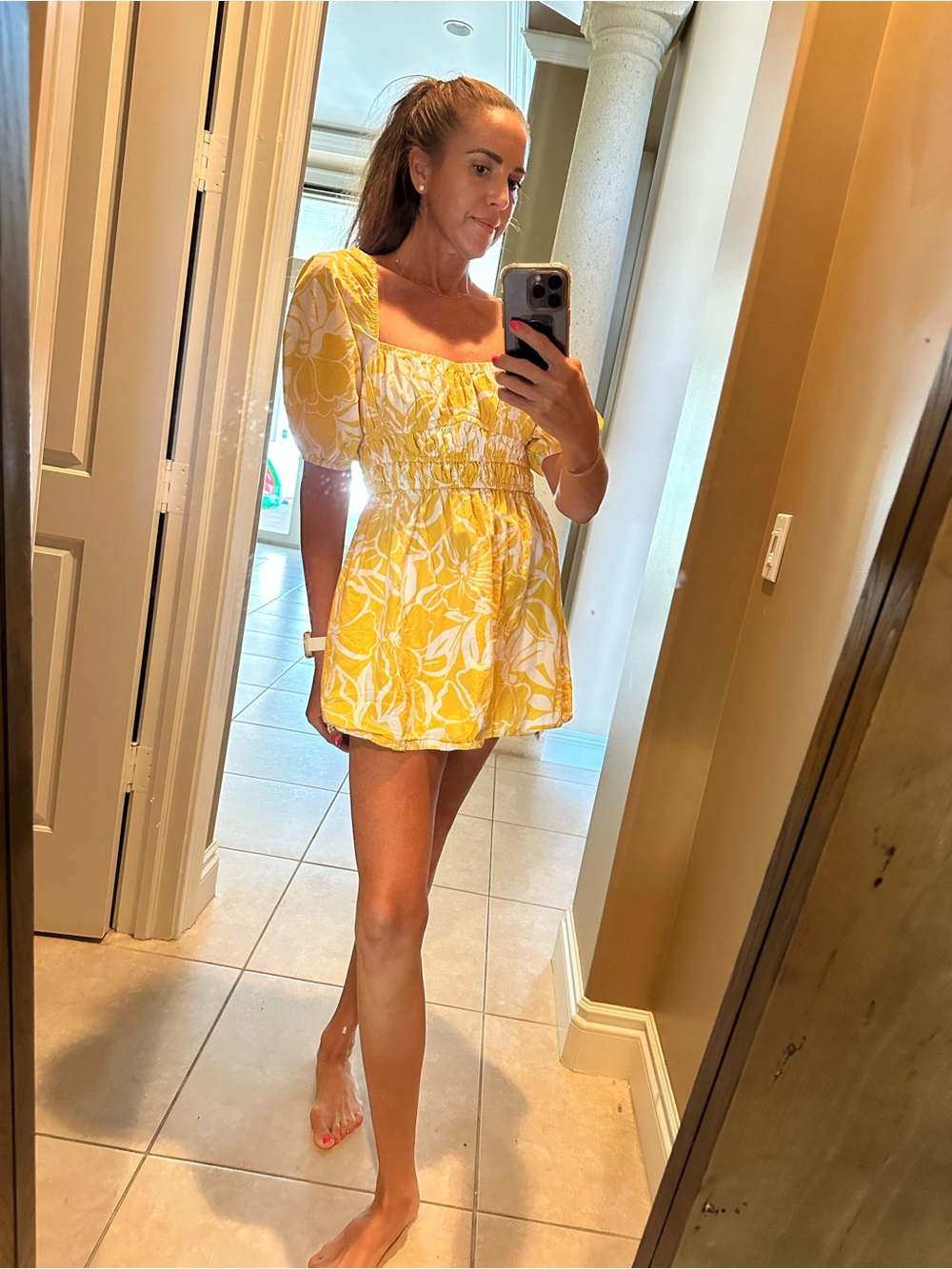 Faithfull the Brand Yellow Floral Puff-Sleeve Smocked Mini Dress
